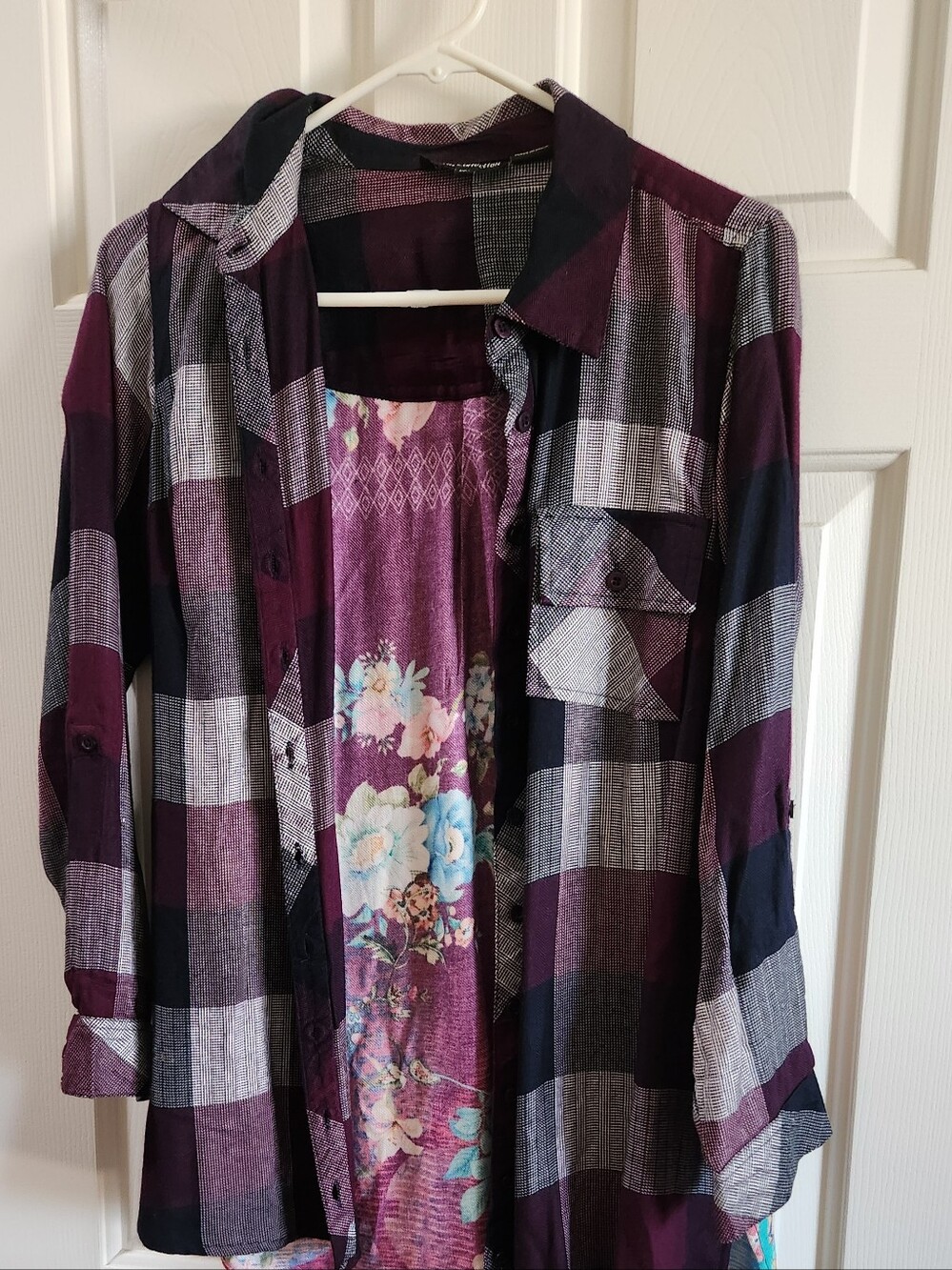 Tolani Collection X Small Petite Plaid Tunic with Print Back